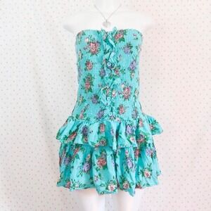 vintage y2k chesley aqua floral smocked tube mini dress tiered ruffle coquette
